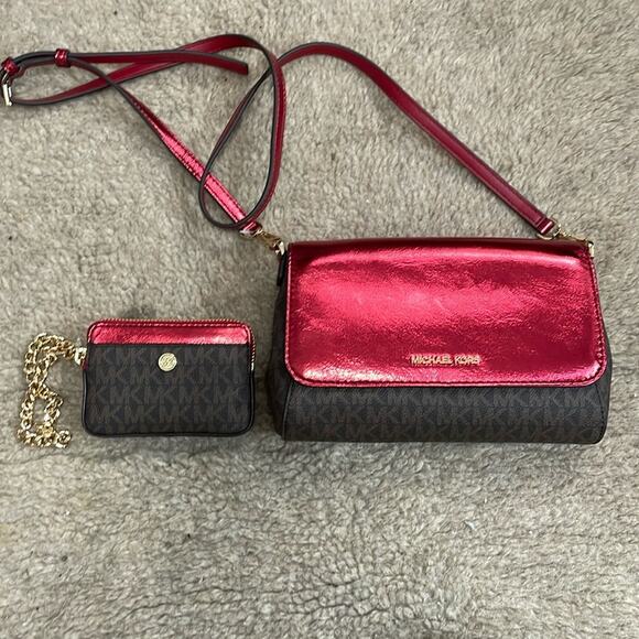 Michael Kors Crossbody Bag and Wallet in Brown Red Metallic New - Picture 2 of 8